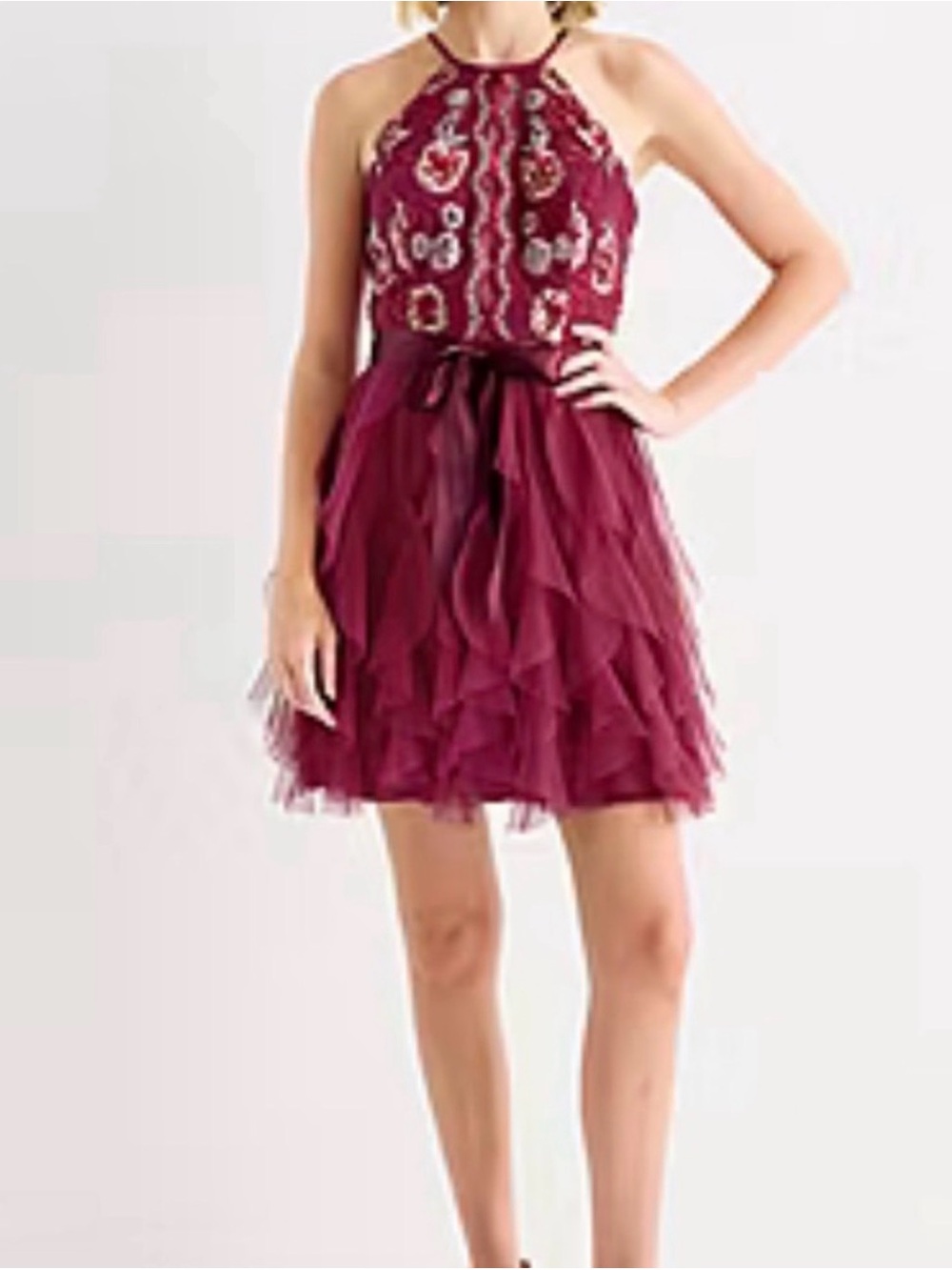 Womens/Juniors Floral Embroidered Halter Tulle Dress in Berry NWT